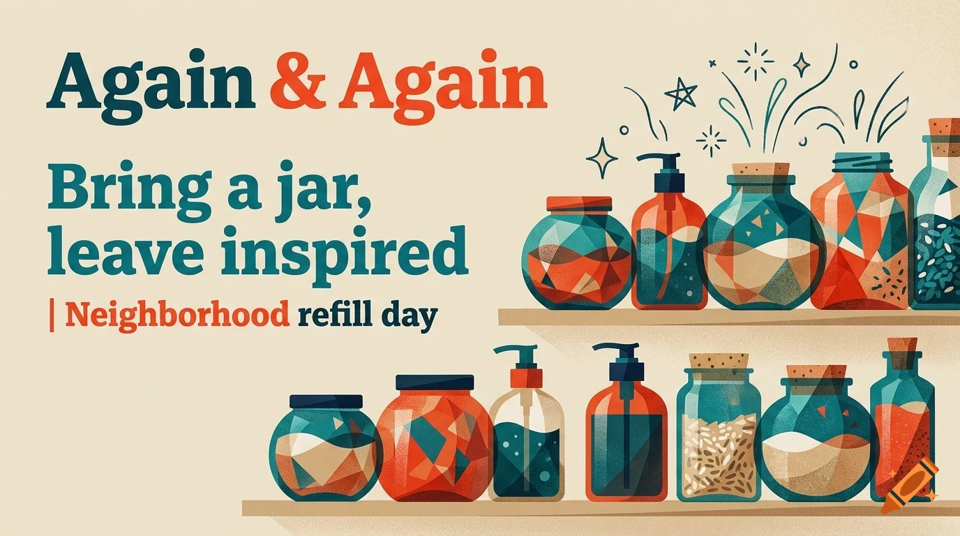 An illustration of shelves holding various colorful jars and bottles, with text reading Again & Again and Bring a jar, leave inspired.