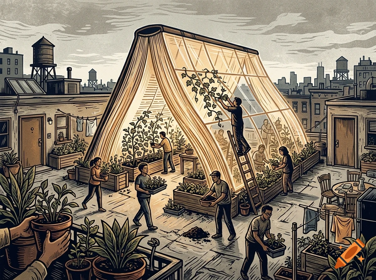 An illustrated rooftop urban garden featuring a large greenhouse shaped like an open book, with people tending to plants inside and outside.