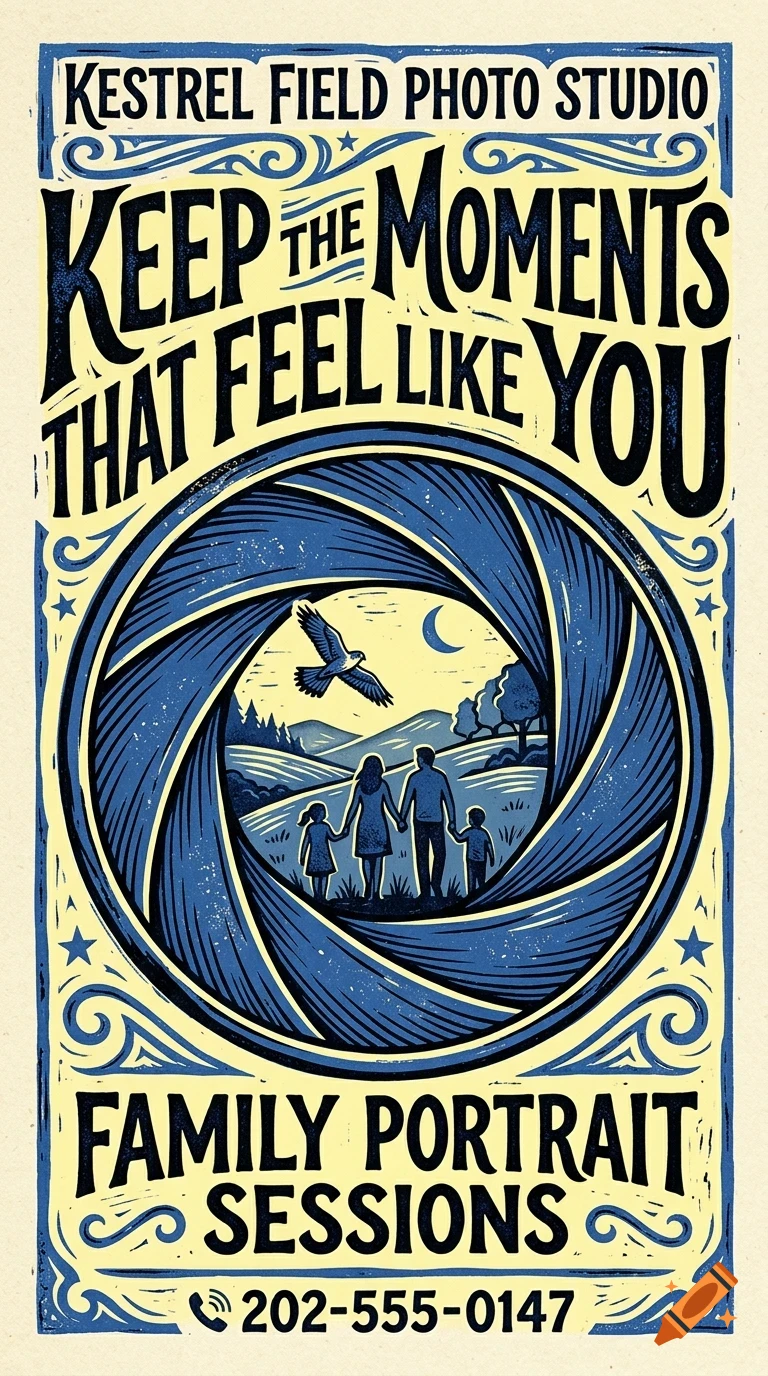 An illustrated poster featuring a camera aperture framing a family of four holding hands in a landscape with a flying bird, surrounded by decorative lettering and blue scrollwork.