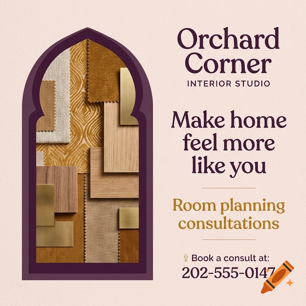 An advertisement for Orchard Corner Interior Studio with fabric and wood material samples arranged inside an arched window frame.