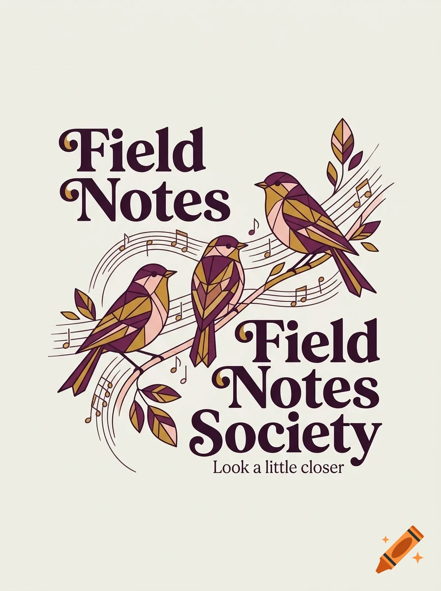 Illustration of three birds on a branch with musical notes and lettering reading Field Notes Society.