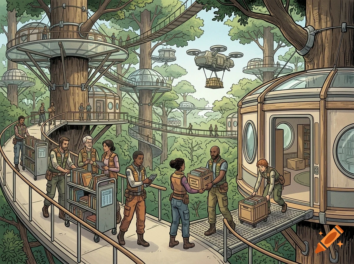 An illustrated futuristic treehouse village where people work together, pushing book carts and carrying boxes on elevated walkways.