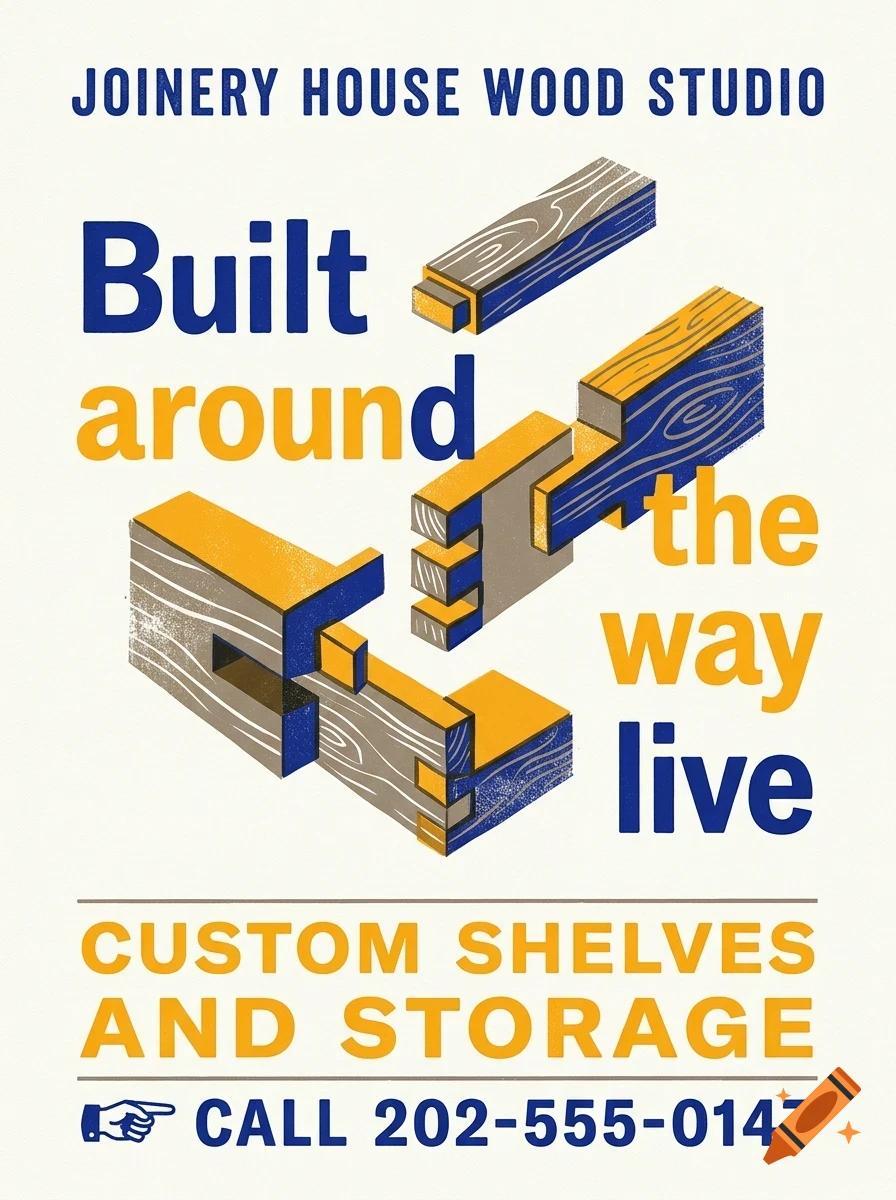 An advertisement for Joinery House Wood Studio featuring isometric illustrations of wood joints and blue and orange text.