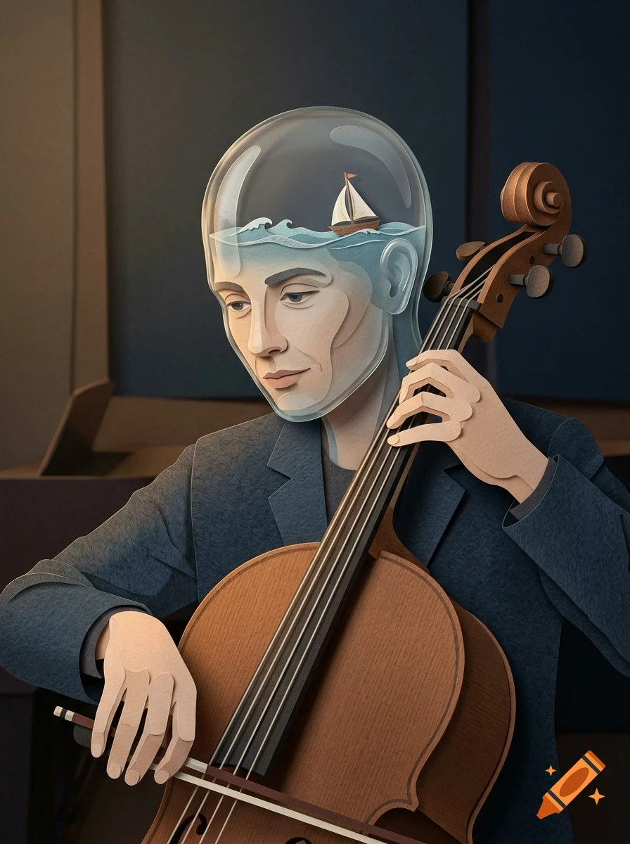 A surreal illustration of a person playing a cello, with a glass head filled with ocean water and a small sailboat inside.