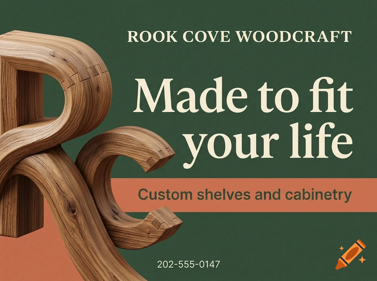 An advertisement for Rook Cove Woodcraft featuring large wooden letters RC on a green background with text.
