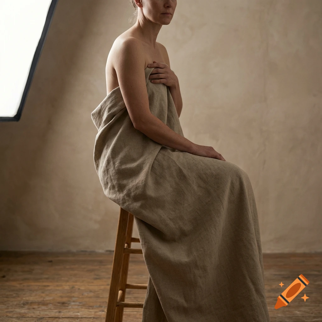 Photorealistic portrait of a person draped in a coarse linen fabric, sitting on a wooden stool.