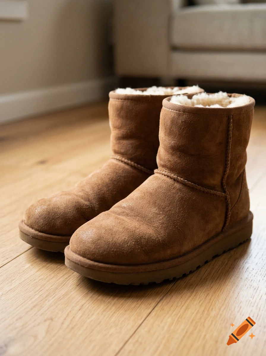 Close-up photorealistic shot of a pair of brown suede UGG boots resting on a light wood floor.