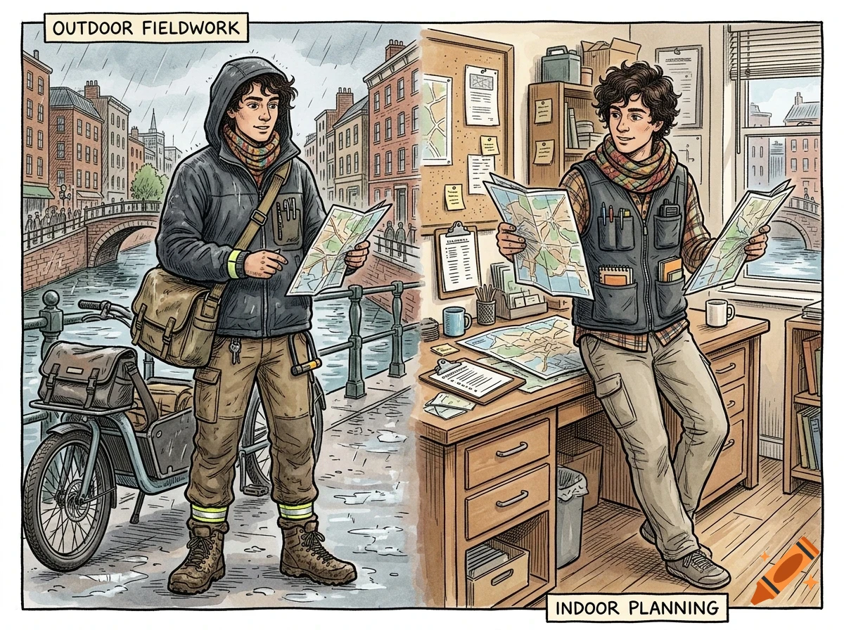 A split illustration comparing outdoor fieldwork in the rain next to a canal with indoor planning in an office.