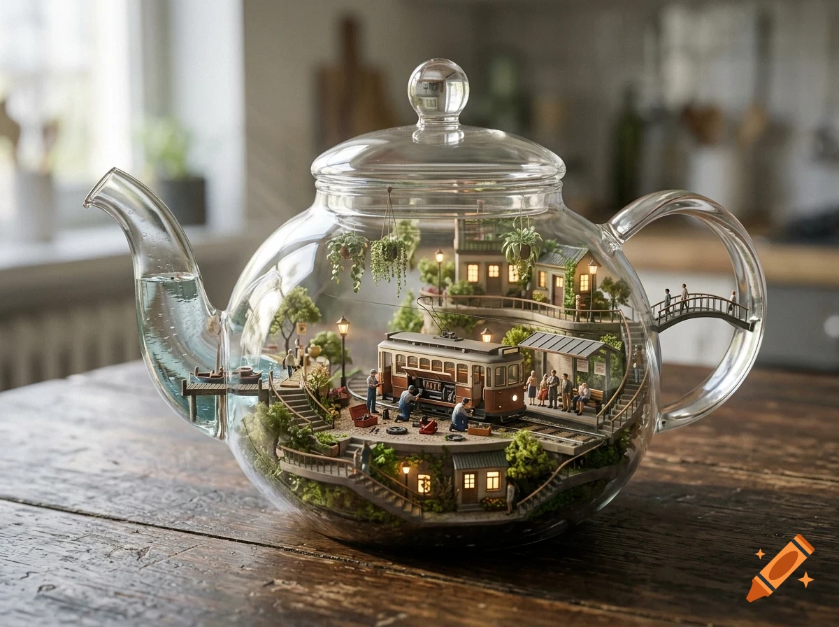 A detailed miniature world inside a clear glass teapot, featuring a small streetcar, tiny houses, trees, and people on a wooden table.