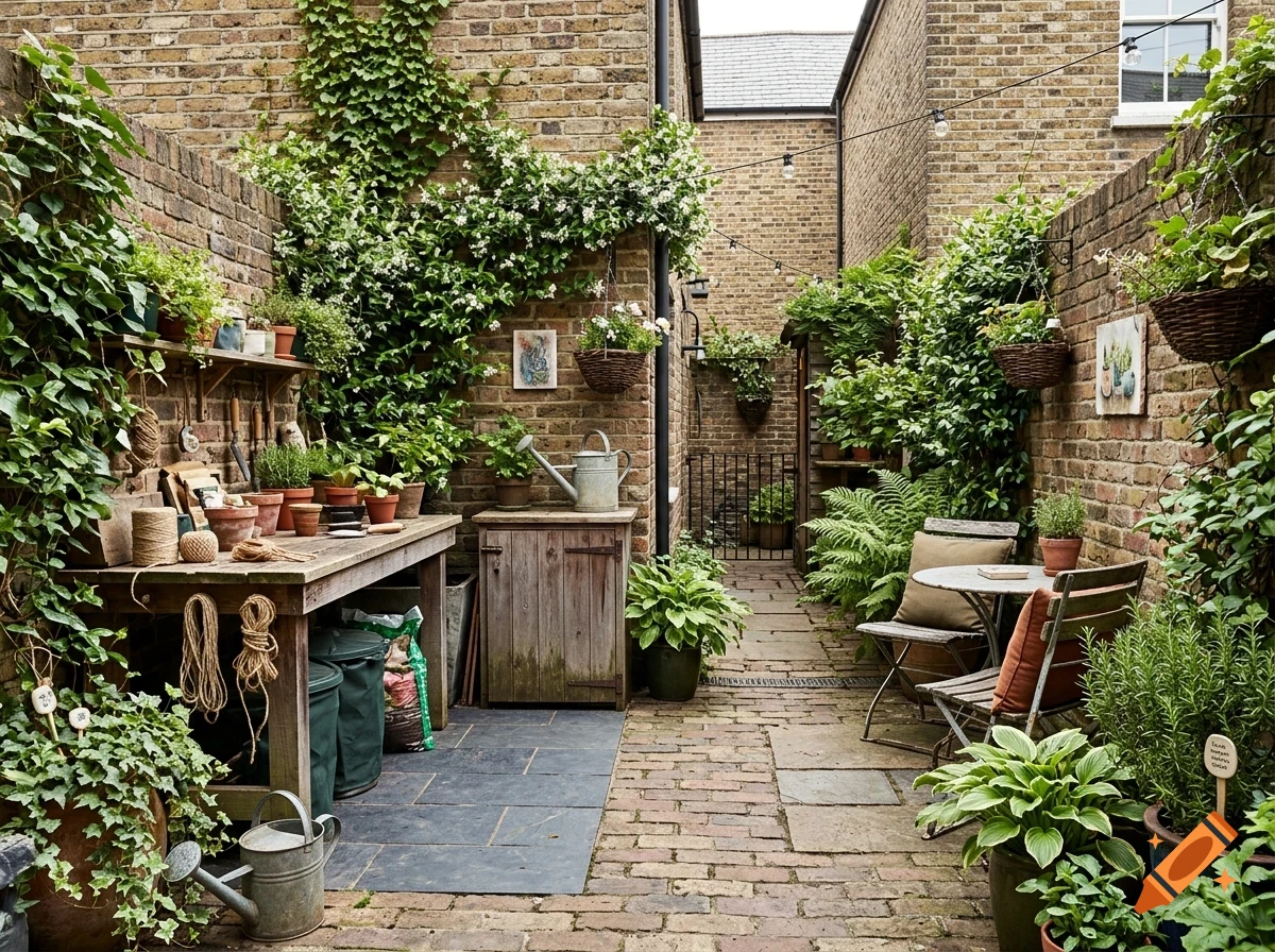 An outdoor brick courtyard alleyway featuring a potting bench, hanging baskets, and lush climbing greenery.