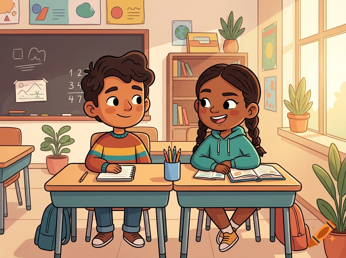 An illustrated classroom scene with a boy and a girl sitting at their desks, smiling and looking at each other.