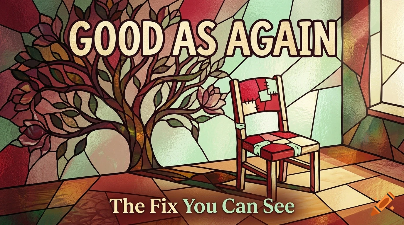 A patchwork chair sits in a room with a stained glass window depicting a tree and the text 'GOOD AS AGAIN' and 'The Fix You Can See'.