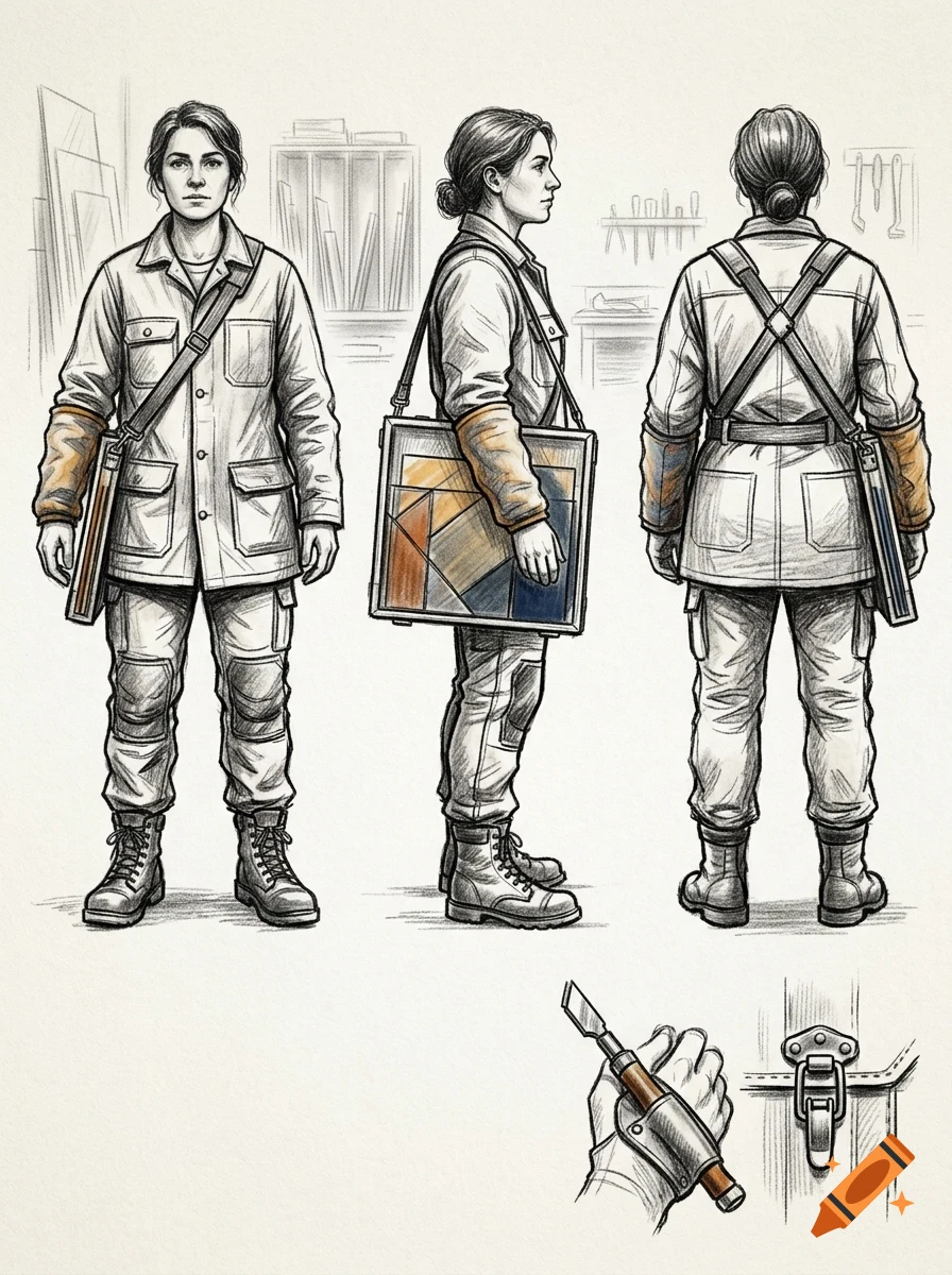 An ink and pencil character turnaround sketch showing a woman from the front, side, and back, along with detail sketches of a hand holding a tool and a latch.