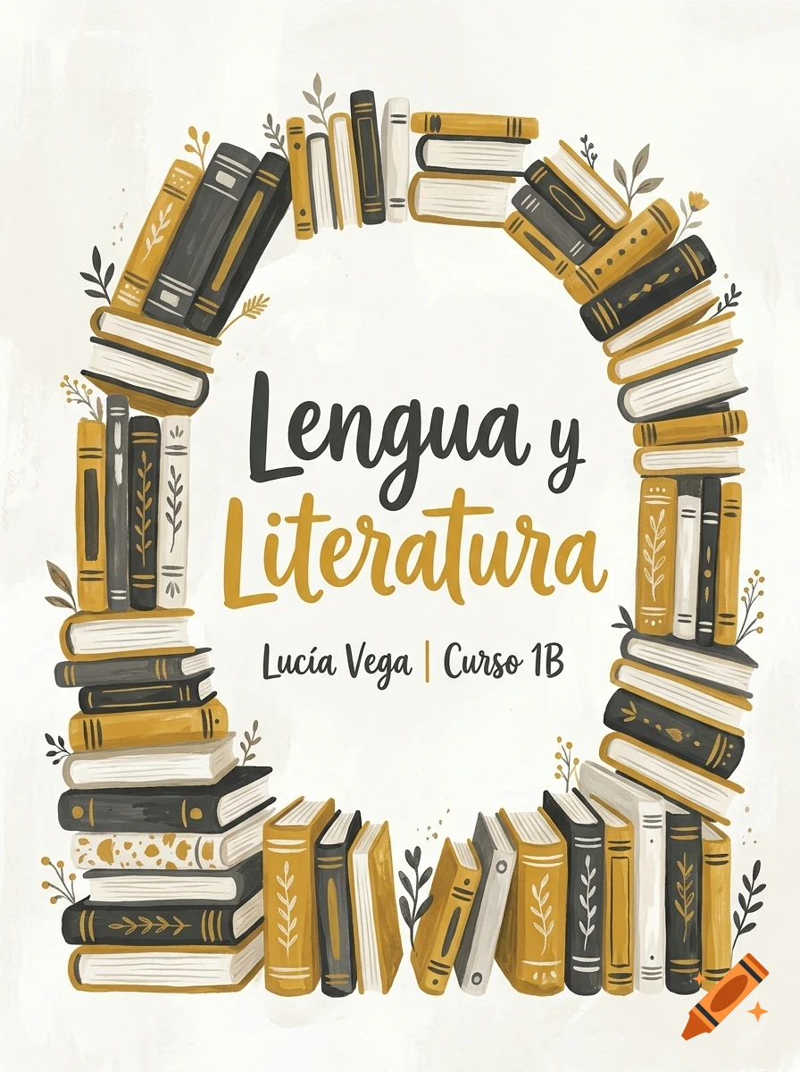 An illustrated book cover featuring stacks of books arranged in a circular arch framing the text 'Lengua y Literatura' and 'Lucía Vega | Curso 1B' in a muted color palette of yellow, black, and white.