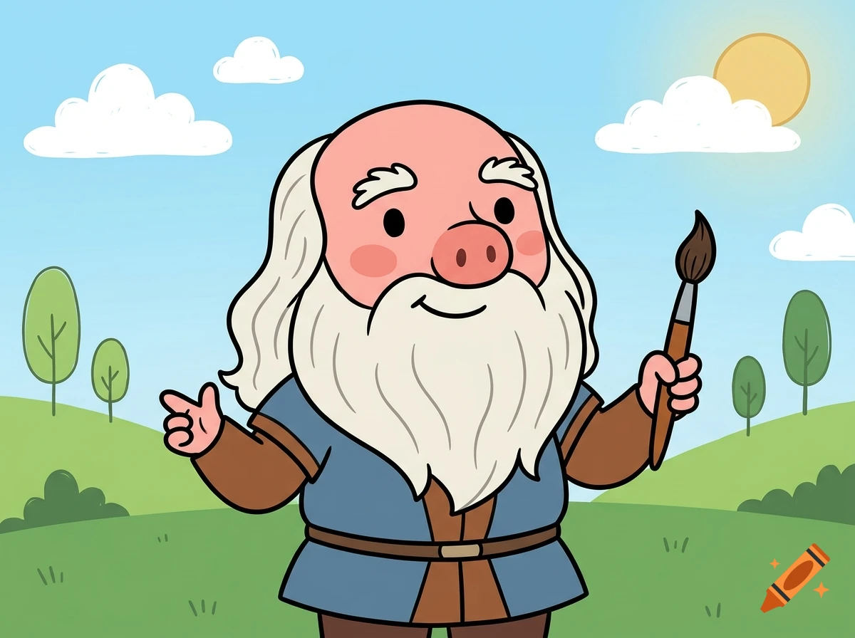 2D children's cartoon illustration of a character with a pink snout and white beard holding a paintbrush.