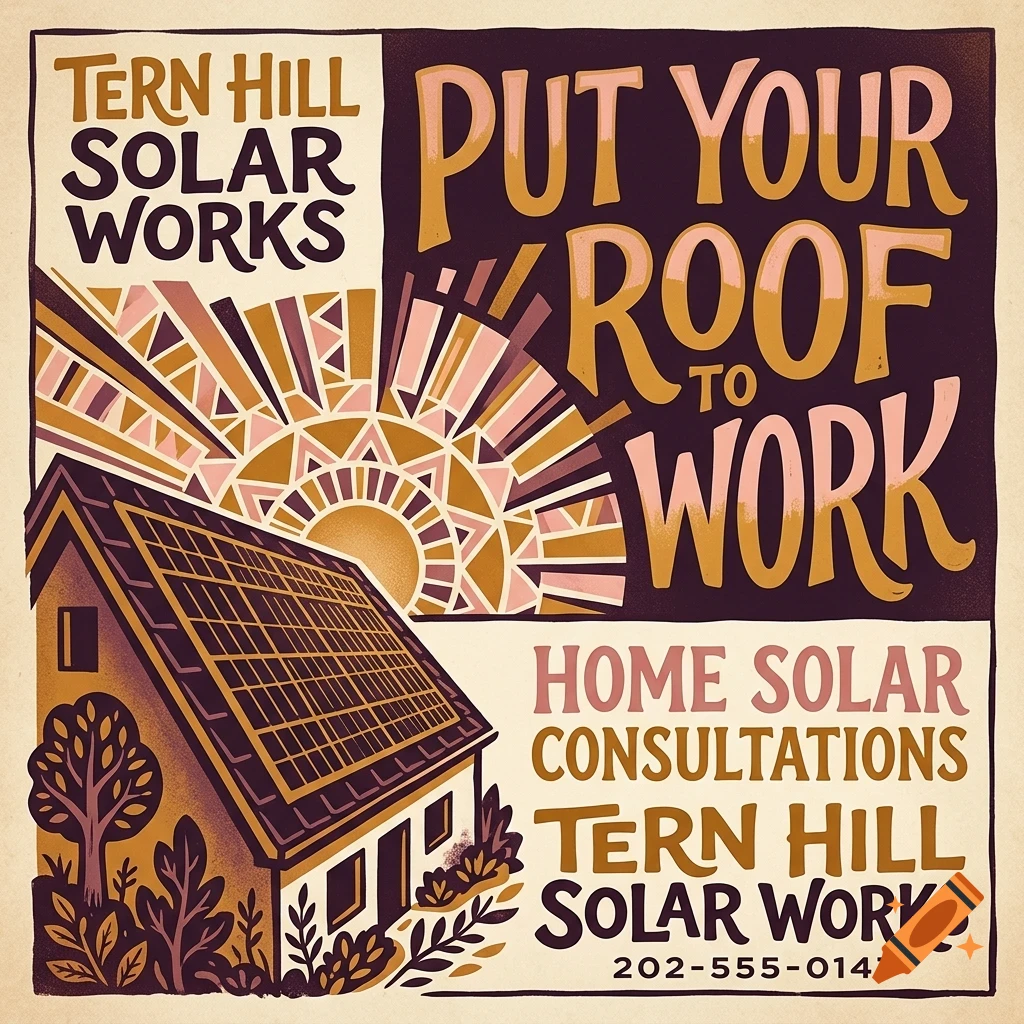 An illustrated poster advertising Tern Hill Solar Works, featuring a house with solar panels on its roof, a stylized sun, and bold lettering.