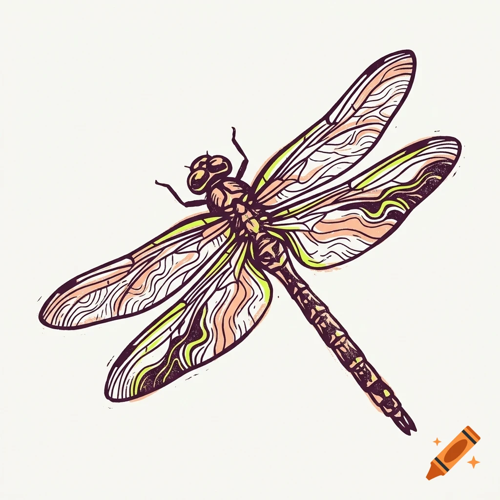 An illustrated dragonfly with patterned wings rendered in a linocut style on a plain background.