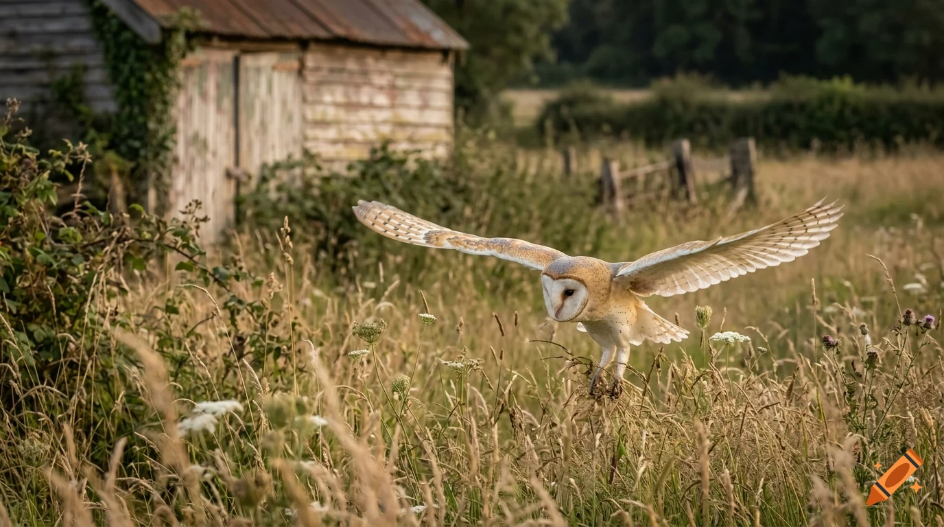 A barn owl in flight over a grassy field near a rustic wooden barn.