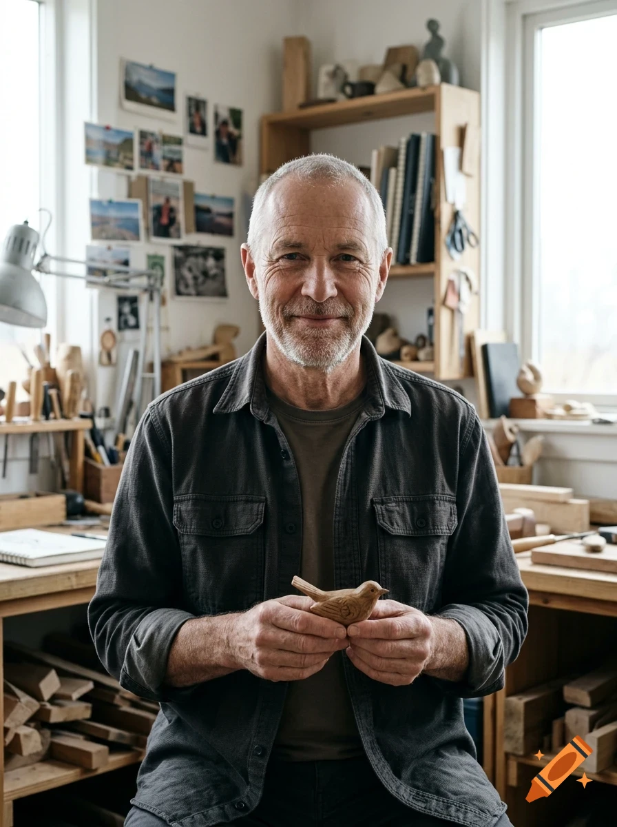 An older man holding a small wooden carved bird in a workshop.