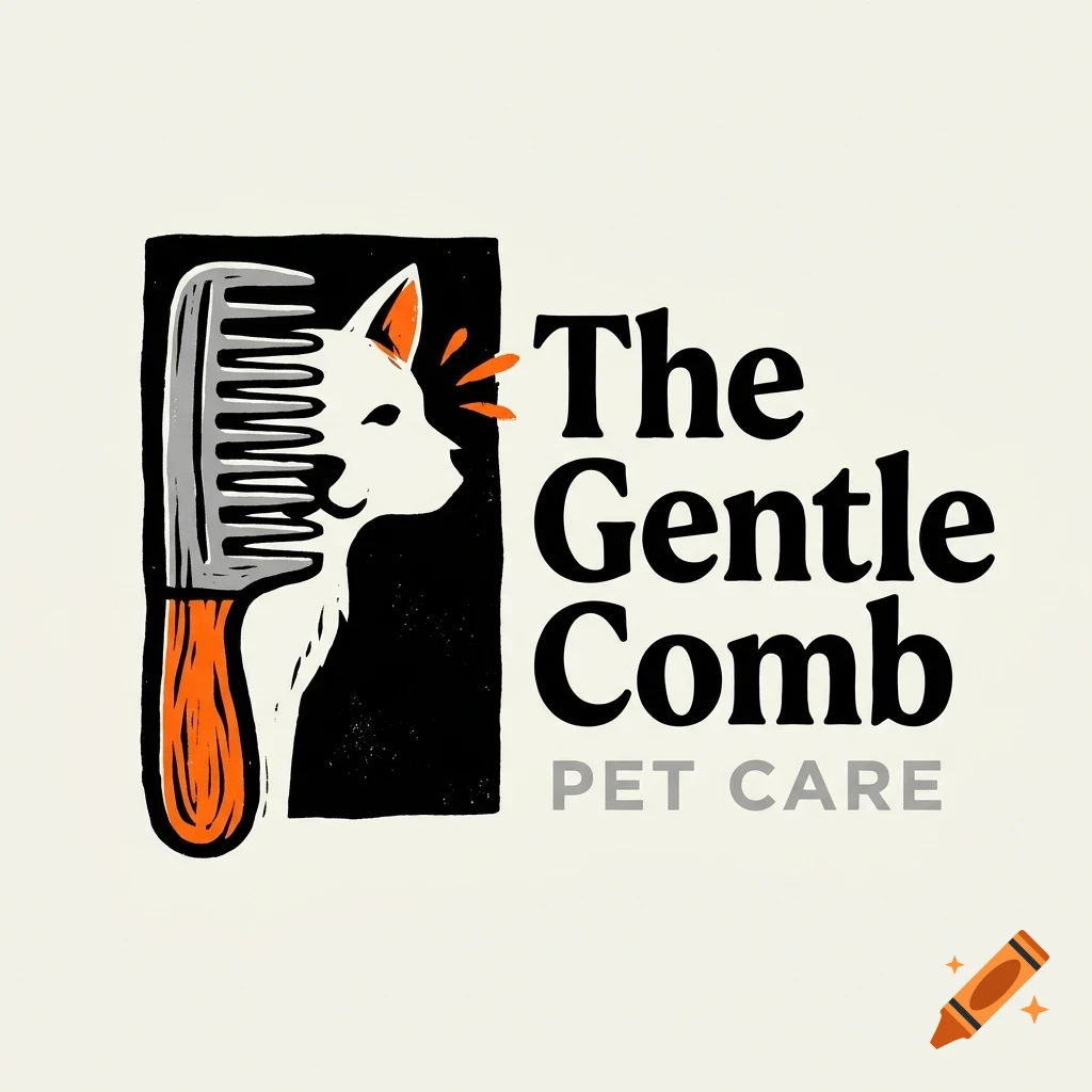 Logo featuring a white cat profile silhouette combined with a comb, and the text The Gentle Comb Pet Care.