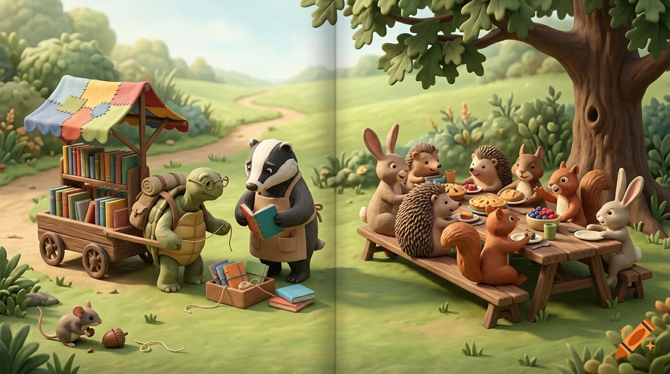 An illustration of anthropomorphic animals in a lush landscape, featuring a turtle and badger with a book cart, and several rabbits, hedgehogs, and squirrels having a picnic under a tree.