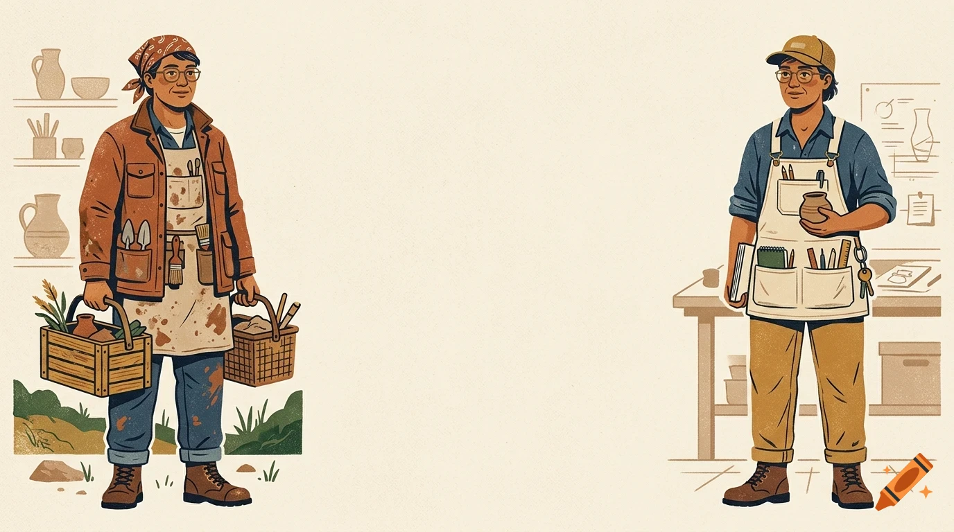 Illustration of two workers in aprons, one holding baskets and the other holding a small pot and books in a workshop setting.