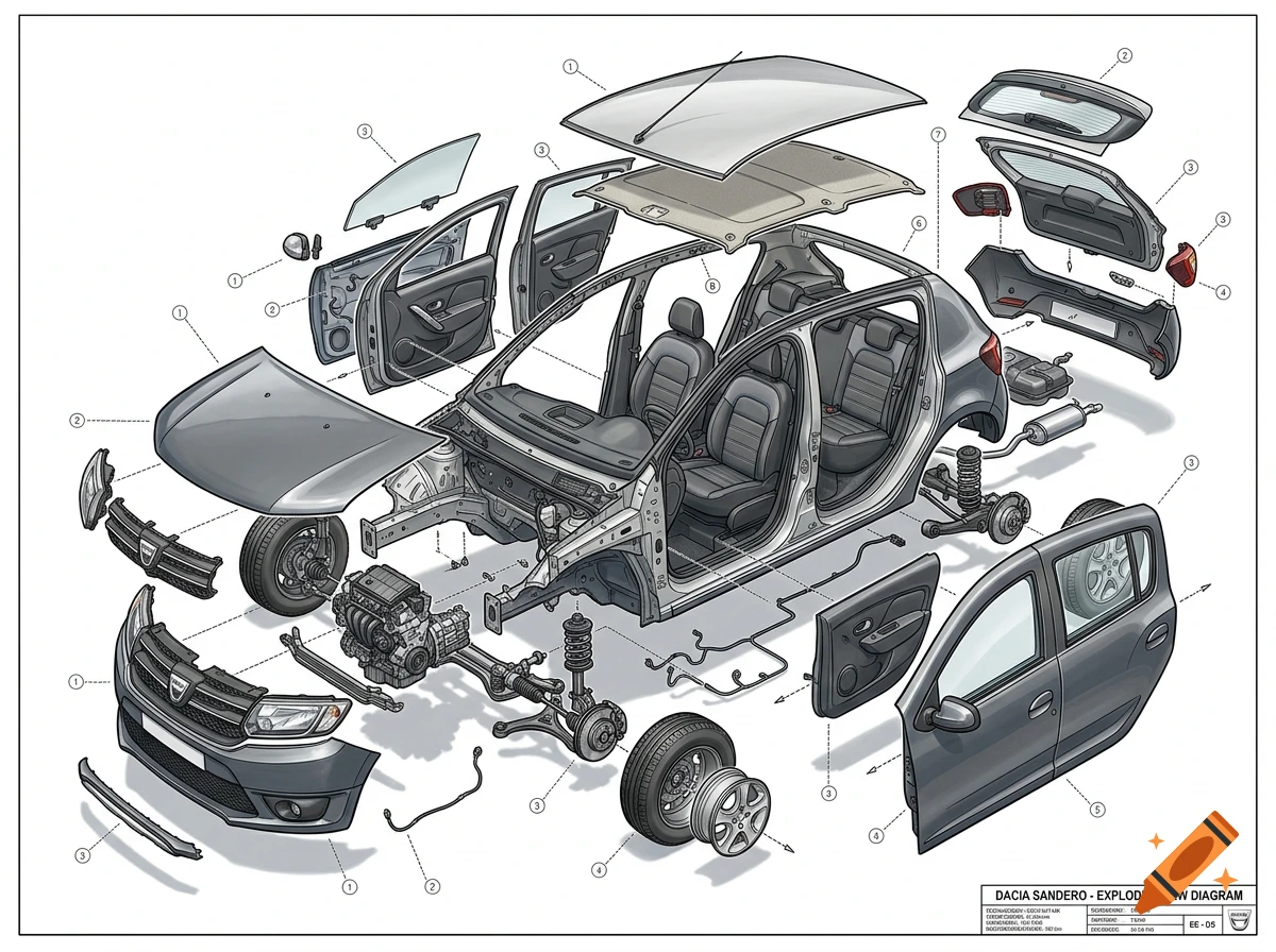 Technical exploded view diagram of a Dacia Sandero car with labeled parts and components.