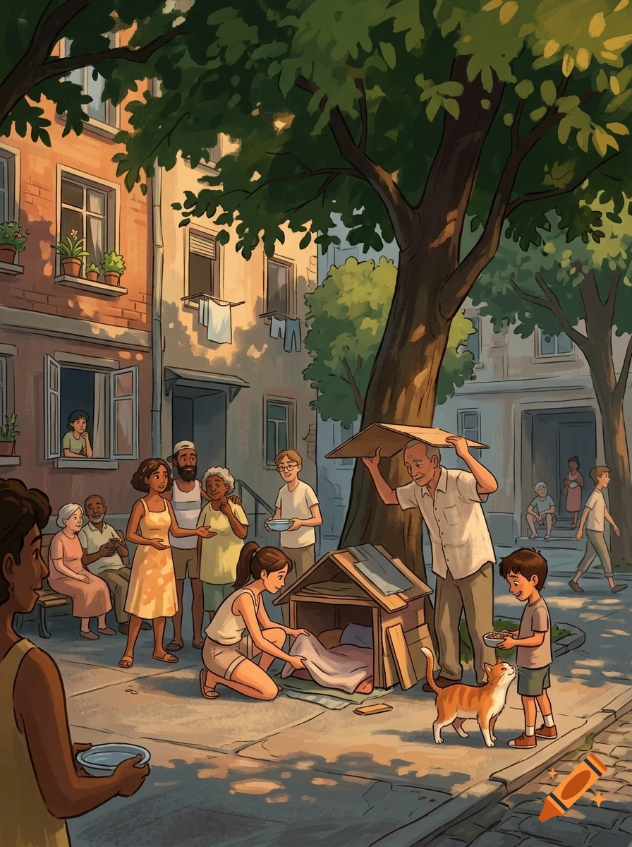 An illustrated street scene where diverse neighbors gather under a large tree to care for a stray cat and build a small shelter.