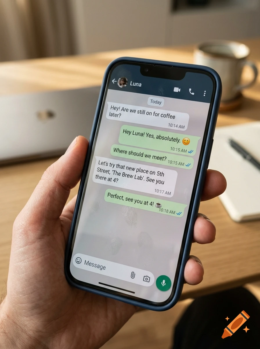 Close-up of a hand holding a smartphone displaying a chat conversation on a wooden desk.