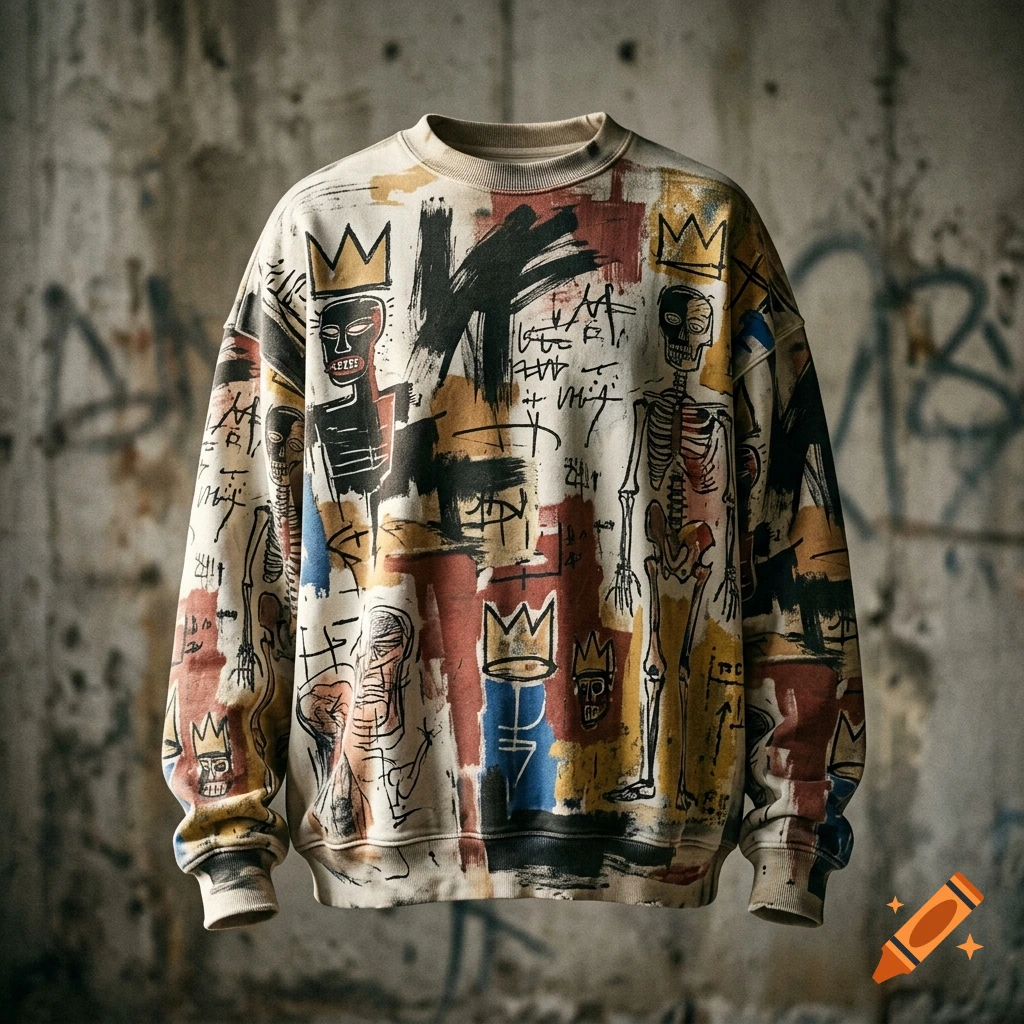 Beige streetwear sweatshirt featuring Jean-Michel Basquiat-style abstract graffiti art, crowns, and skeleton figures against a concrete wall background.
