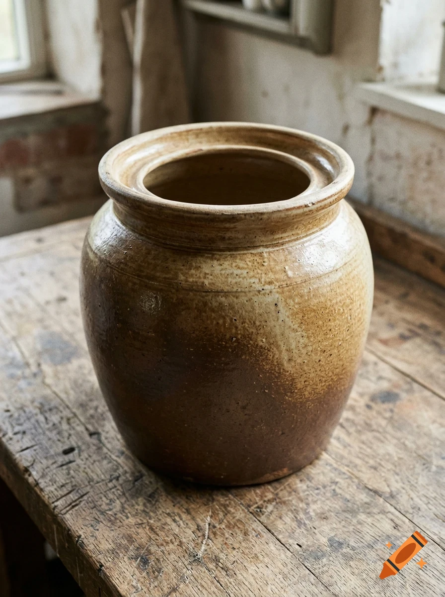A rustic brown earthenware crock sits on a weathered wooden table.