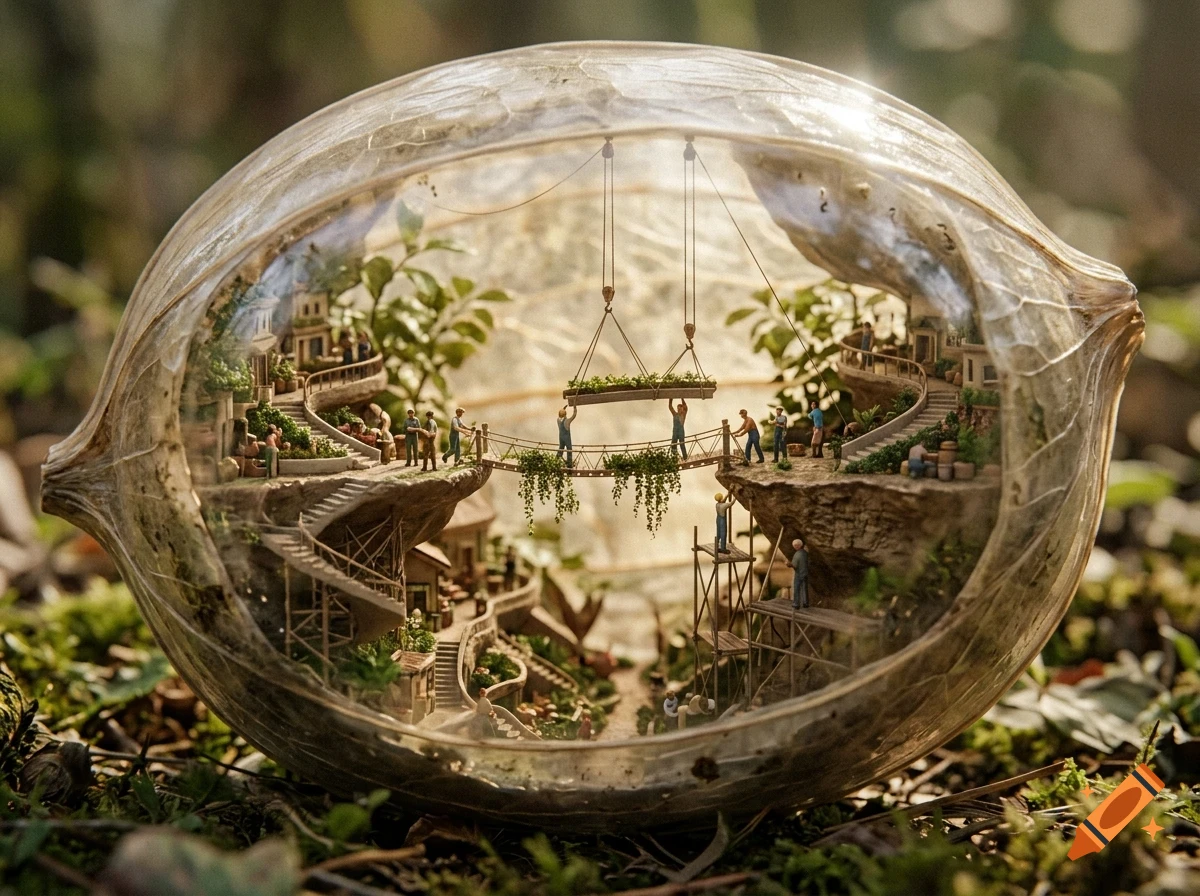 Miniature village inside a hollow seed pod or nut shell with tiny people constructing a bridge and carrying plants.
