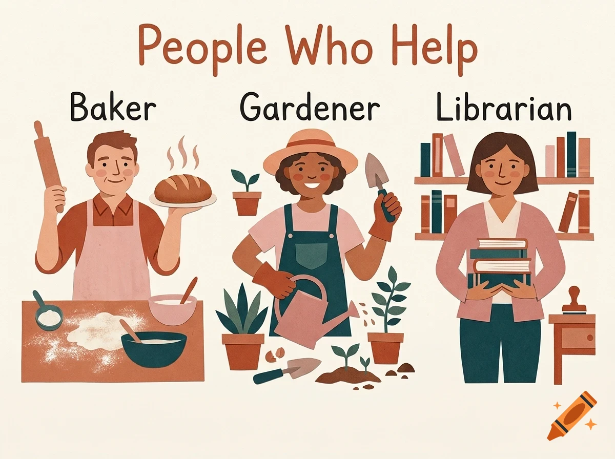 An illustration showing three professions: a baker holding bread, a gardener with plants, and a librarian holding books, with the text 'People Who Help'.