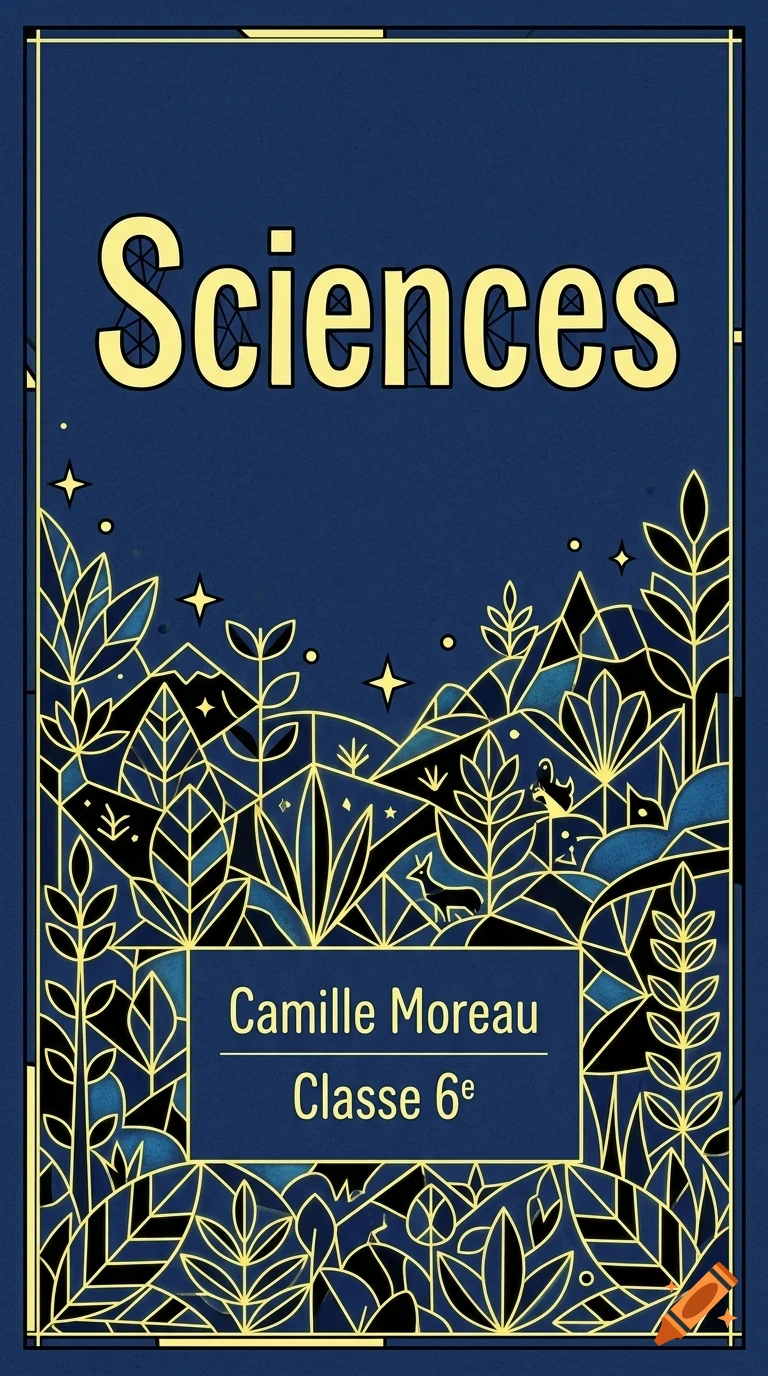A blue notebook cover with gold botanical and animal line art, the word Sciences at the top, and Camille Moreau Classe 6e in a box below.
