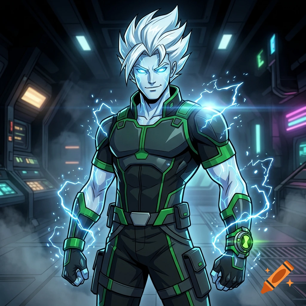 An anime-style digital illustration of a male character with white spiky hair, blue glowing eyes, and electrical energy crackling around his body, wearing a green and black futuristic suit inside a sci-fi corridor.