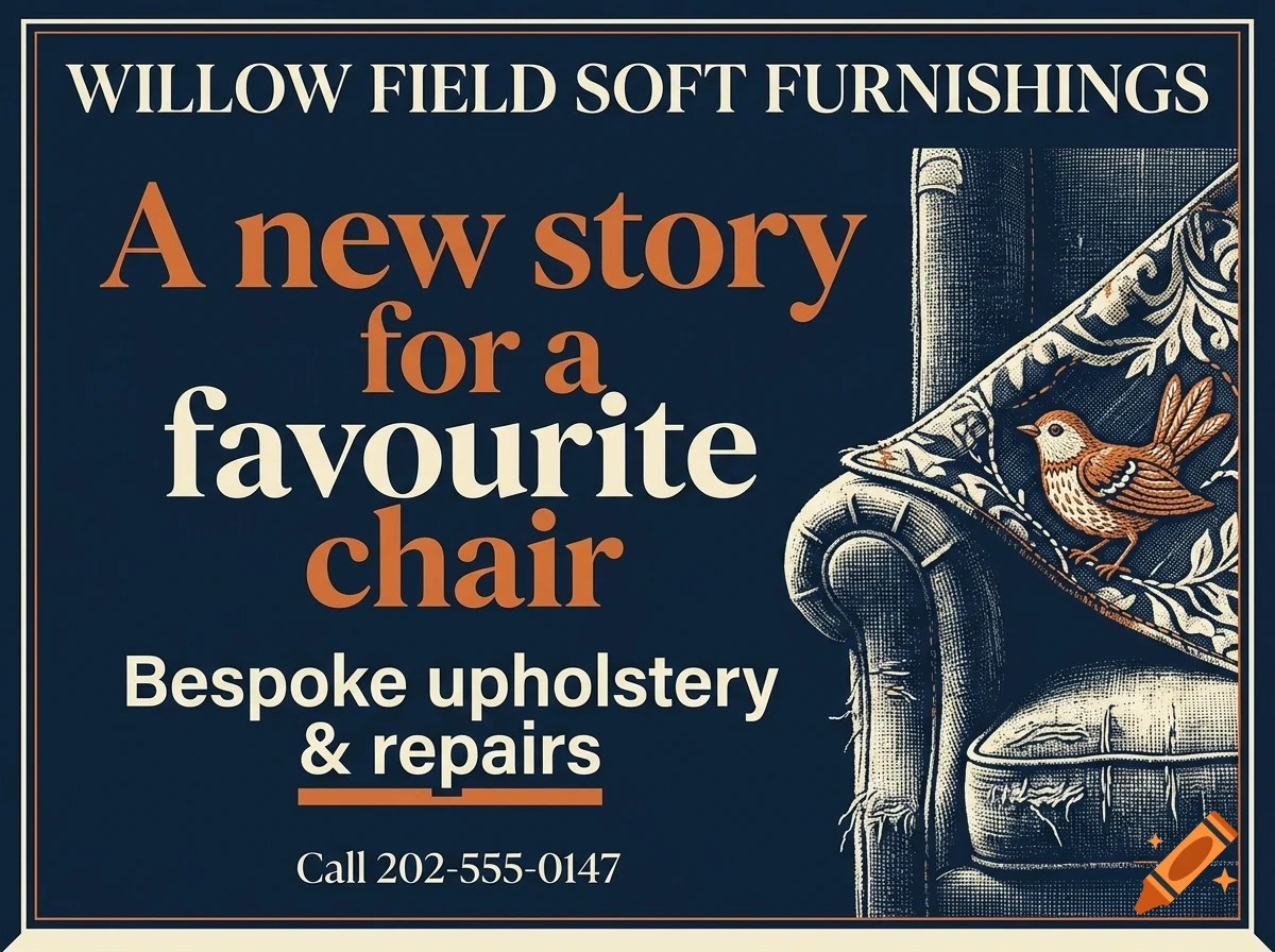 An advertisement for Willow Field Soft Furnishings featuring an illustration of an armchair with a bird pattern and text.
