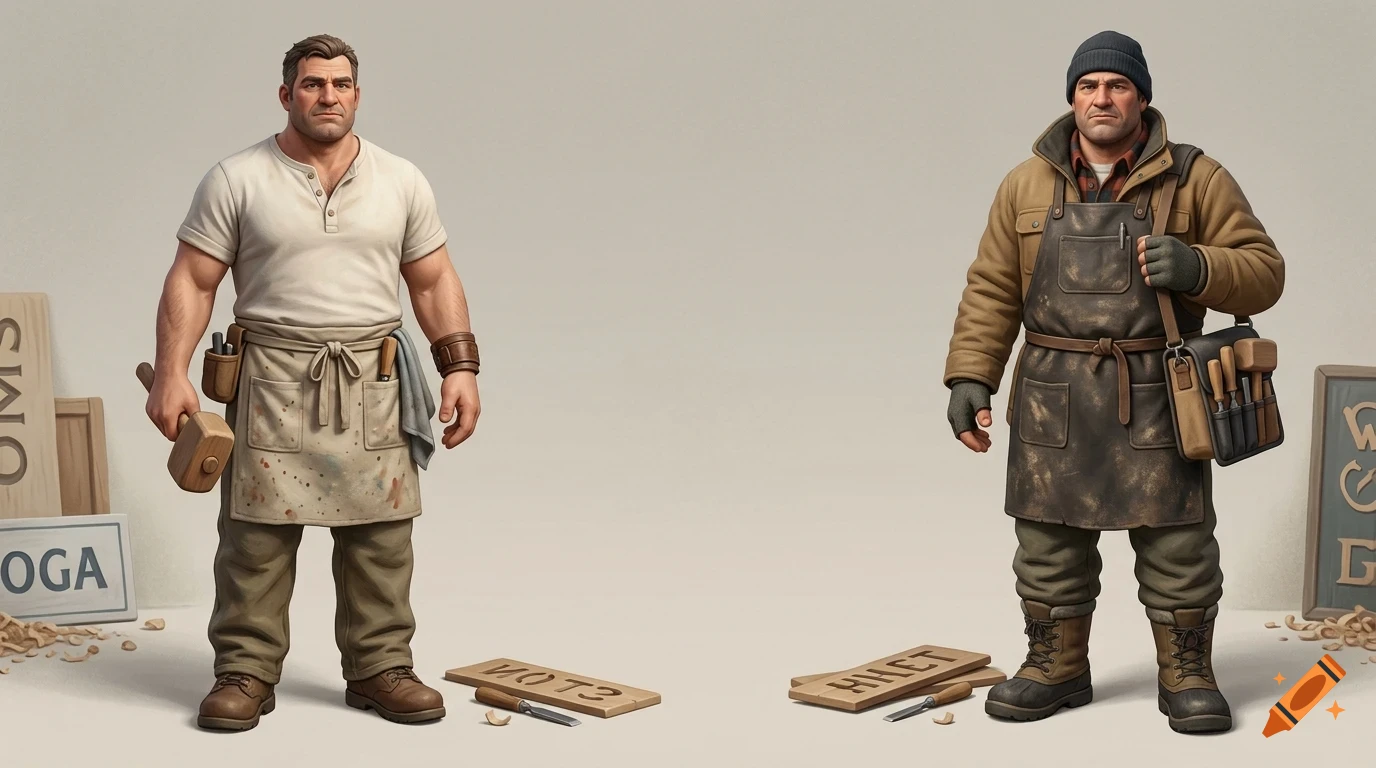 Two illustrated men in aprons holding woodworking tools standing against a plain background.