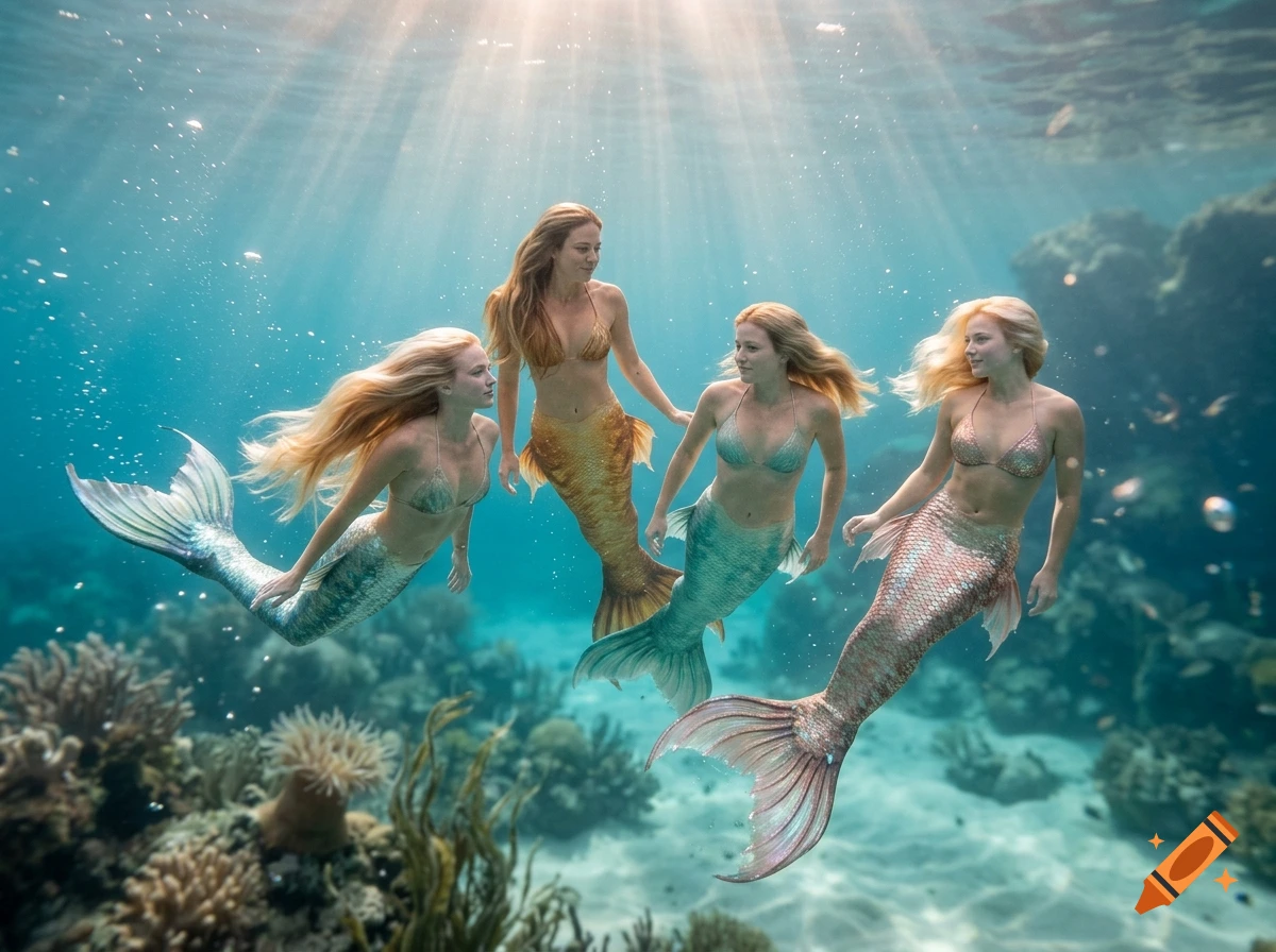 Four blonde mermaids swimming together in clear turquoise water above a coral reef, photorealistic style.