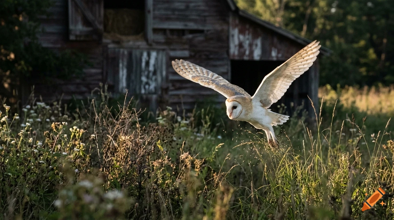 A barn owl in flight over a grassy field in front of a rustic wooden barn.