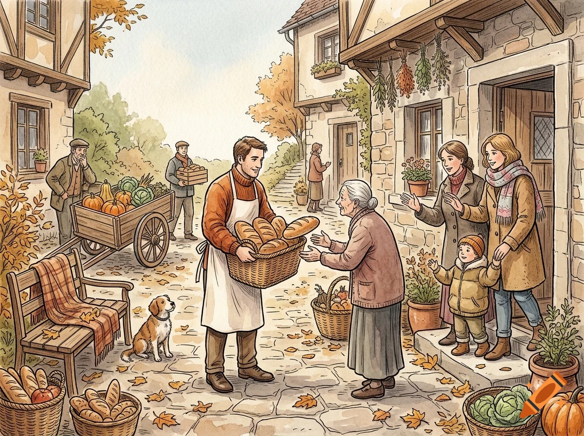 A baker in a village street hands a basket of bread to an elderly woman, surrounded by neighbors, a dog, and rustic stone buildings.