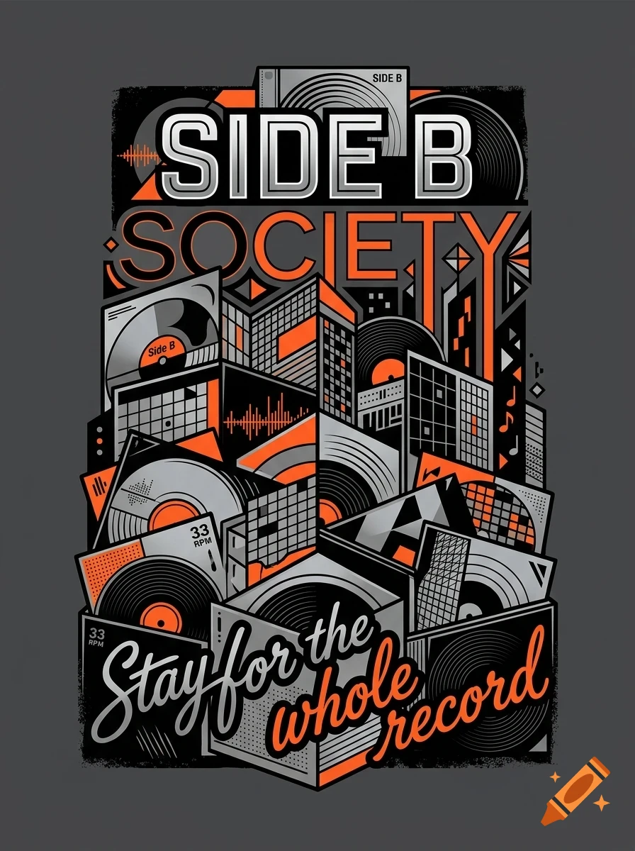 An artistic poster design featuring stacked vinyl records and sleeves in gray, black, and orange, with the text SIDE B SOCIETY and Stay for the whole record.