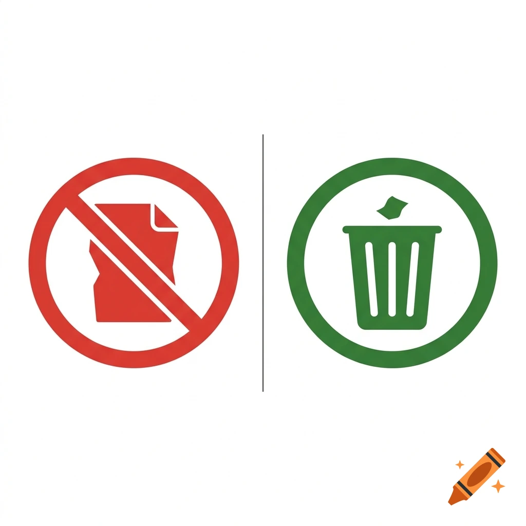 Minimalist vector signs showing a red prohibition symbol over trash and a green circle around a recycling bin, separated by a vertical line.