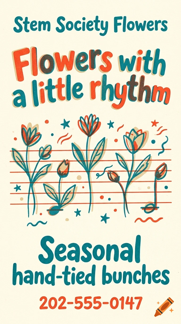 An illustrated poster with the text Stem Society Flowers, featuring tulips integrated into musical staff lines and notes, along with the text Flowers with a little rhythm, Seasonal hand-tied bunches, and a phone number.