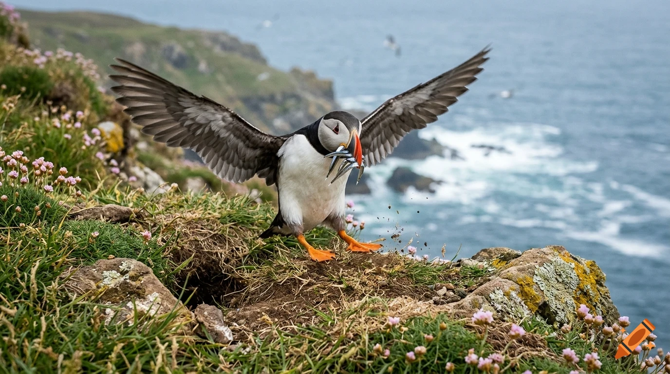 An Atlantic puffin landing with wings outstretched on a grassy cliffside carrying small fish in its beak, with the ocean in the background.