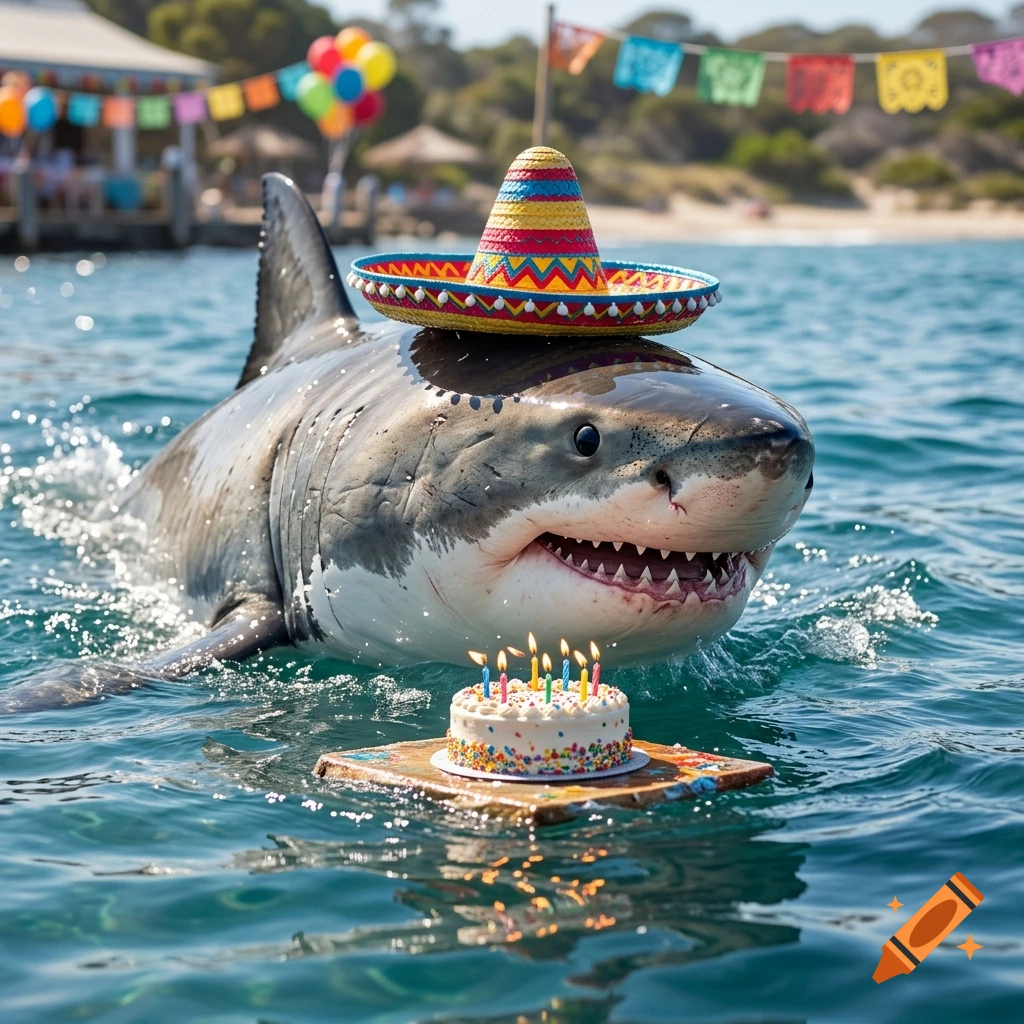 Photorealistic image of a great white shark wearing a colorful Mexican sombrero, swimming in the ocean with a birthday cake floating on a small wooden board.