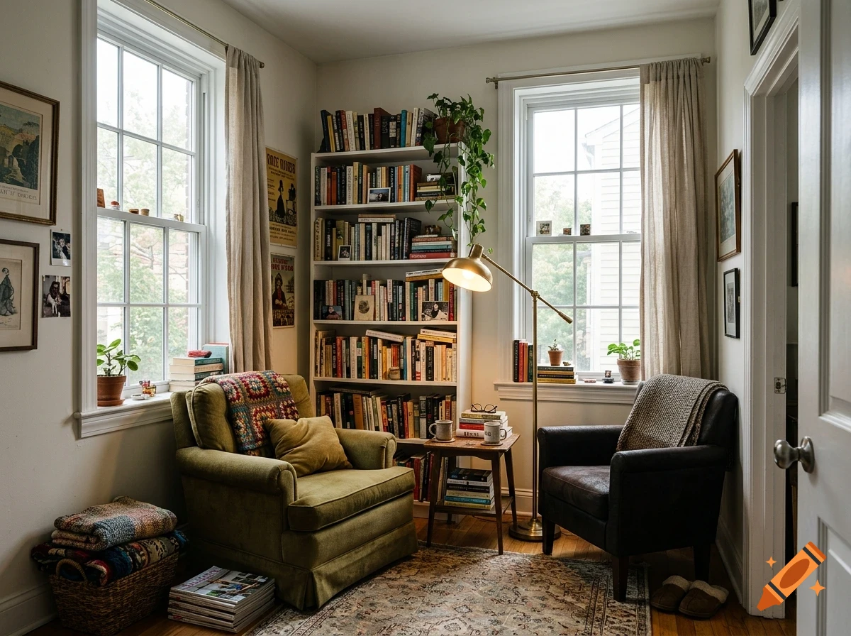 A cozy reading room with a tall bookshelf filled with books, an armchair, a leather chair, two windows, and a floor lamp.