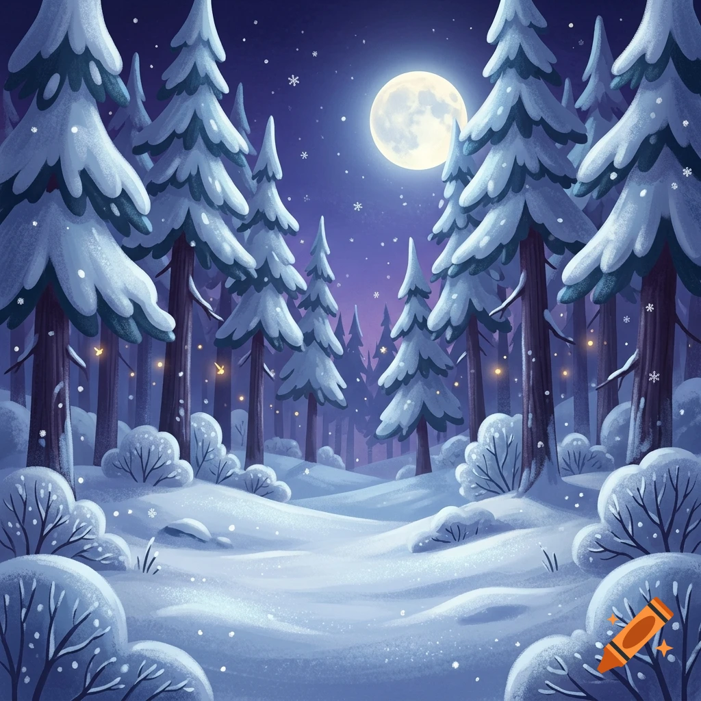 Cartoon winter forest landscape at night with snow-covered pine trees and a bright full moon.