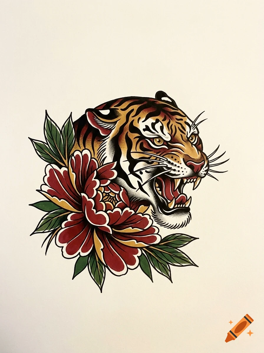 An illustration of a snarling tiger's head surrounded by red peony flowers and green leaves in a traditional tattoo flash style.
