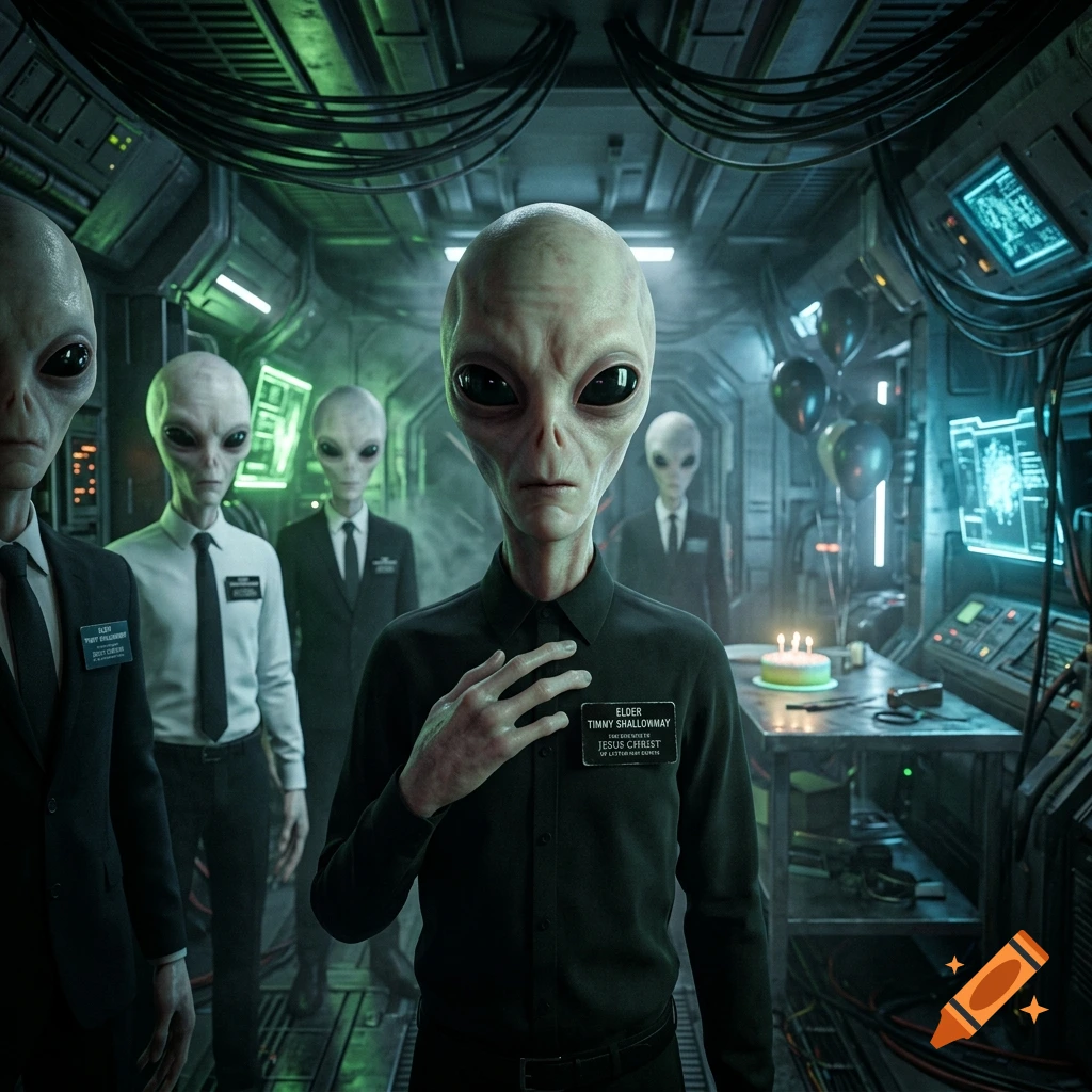 Cinematic photorealistic image of gray aliens in black suits acting as Mormon missionaries inside a techno spacecraft.