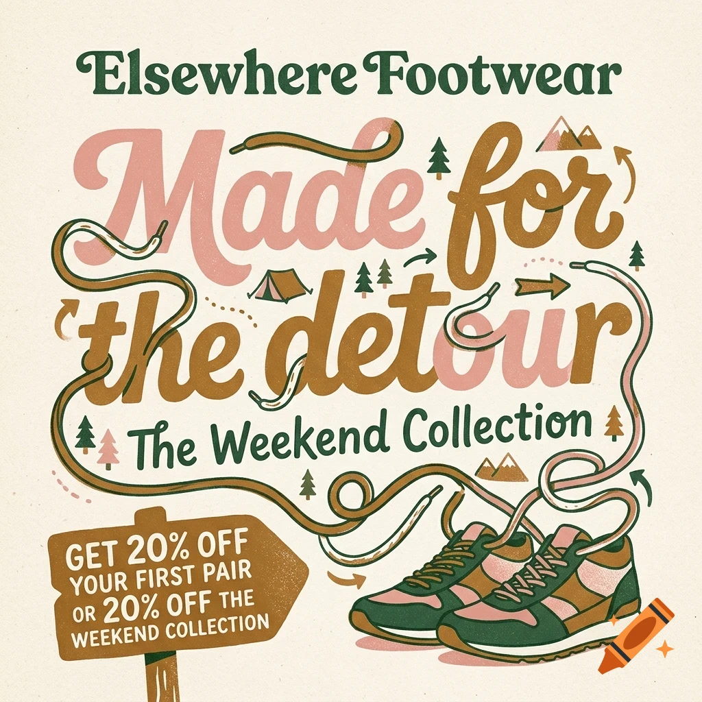 An illustrated advertisement for Elsewhere Footwear featuring the text Made for the detour, a pair of sneakers, and outdoor elements.
